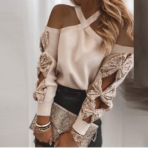 🍑Sz XL Cold Shoulder Bow Sleeve Knit Top
